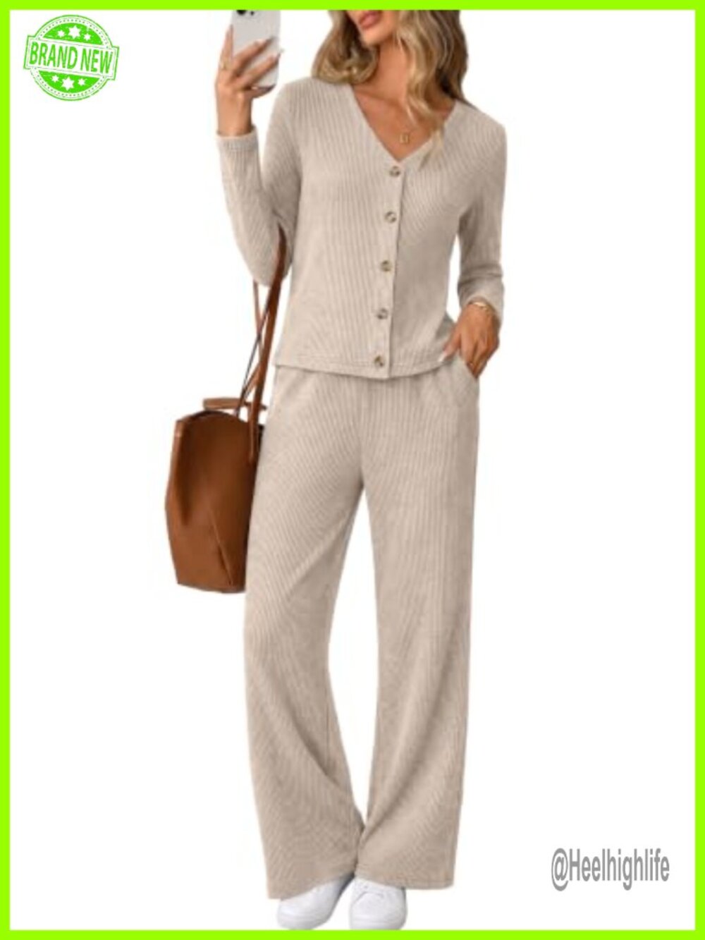 Women's 2 Piece Ribbed Knit Button Front Loungewear Set